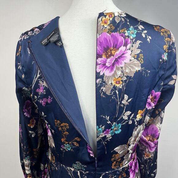 Maggy London Petite Women's Navy Blue Floral Satin Dress 10P Ruched Waist - Picture 10 of 14